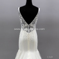 Luxury Deep V Long Sleeve Pearl Saudi Arabia beaded mermaid wedding dress